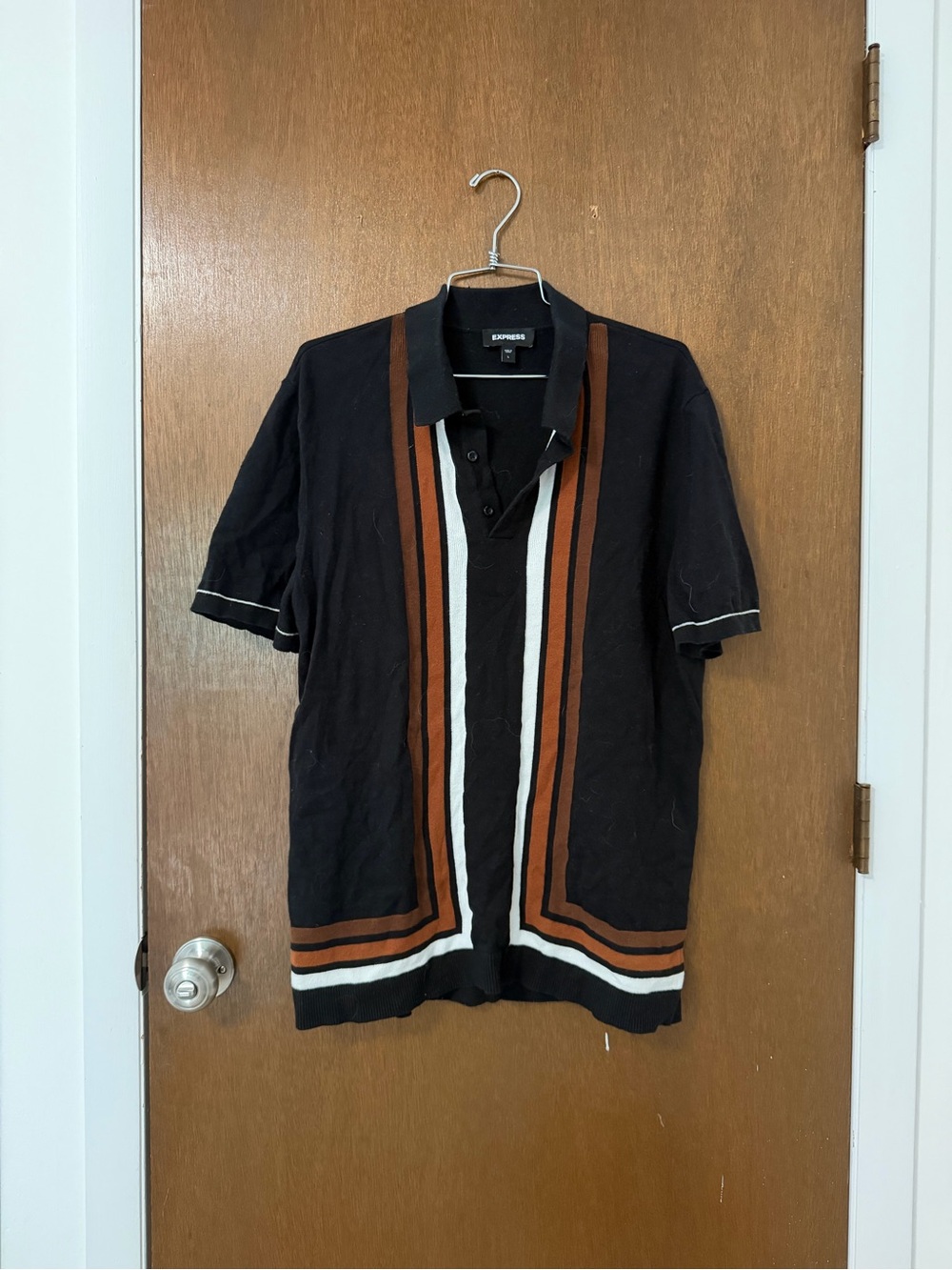 Express Black Polo with Brown and White Stripe Accents